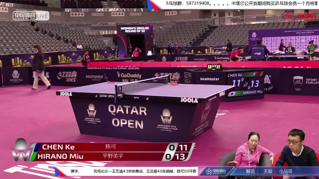 陈可 CHN vs 平野美宇 JPN (小马王璇解说) 卡塔尔公开赛女单第一轮