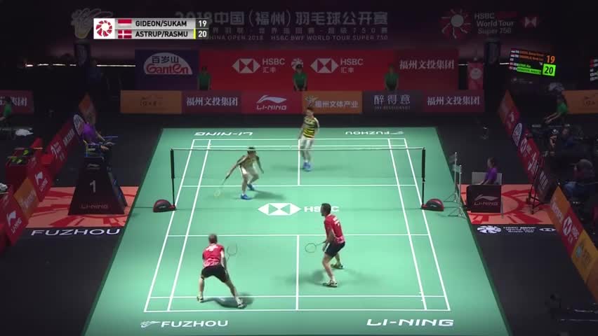经典回顾：2018中国(福州)羽毛球公开赛男双1/4决赛：吉迪恩/苏卡穆约VS阿斯特鲁普/拉斯姆森